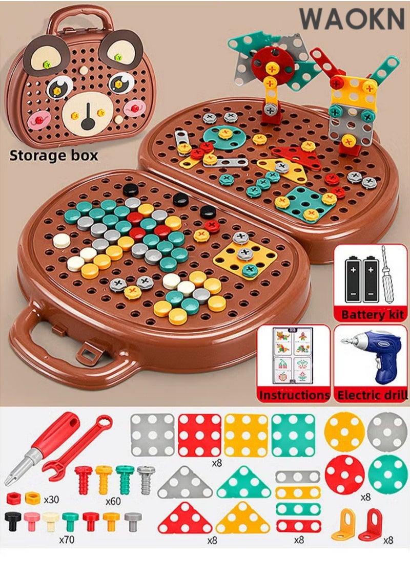WAOKN 205 PCS Creative Electric Mosaic Drill Puzzle Toys Set with Electric Toy Drill Screw Tool Box Set, Creative Toolbox with Toys Electric Drill Screwdriver Tool Set Creative Mosaic Puzzle Toy - Electric Drill Toy & Rainbow Fasteners, Premium STEM Building Set for Kids 3+ Years Old  - Image 3