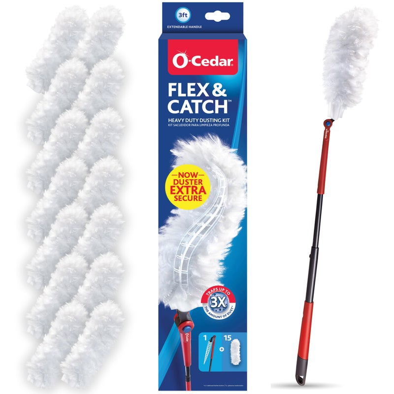 o cedar O-Cedar Flex & Catch Heavy Duty Dusting Kit with 15 Disposable Duster Refills | New & Improved Model | Extendable 3 Ft Handle with Stay-On Duster Hook | Traps 3X More Dust Than Feather Dusters - Image 1