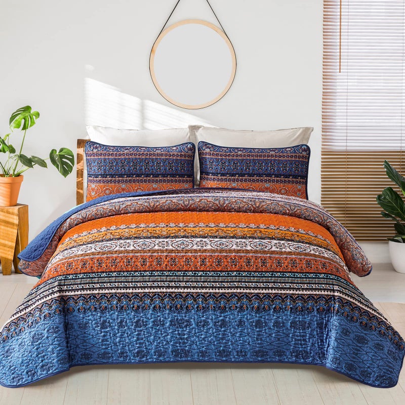 WONGS BEDDING WONGS BEDDING Boho Fall Quilt King Size Blue and Orange Bohemian King Quilt Lightweight Microfiber Bed Decor Bedspread for All Season 103x903 Pieces 