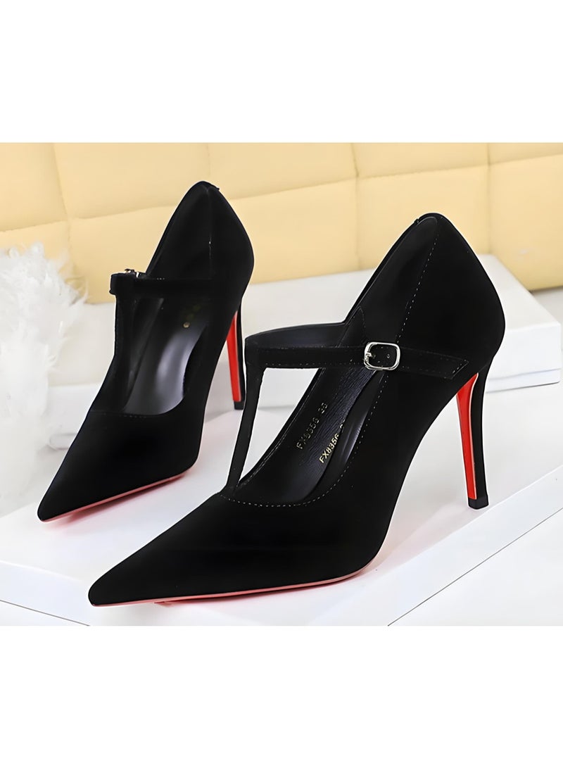 BIGTREE Women's Suede Stiletto Pumps Closed Pointed Toe T Strap High Heels Shoes Black 10CM - Image 1