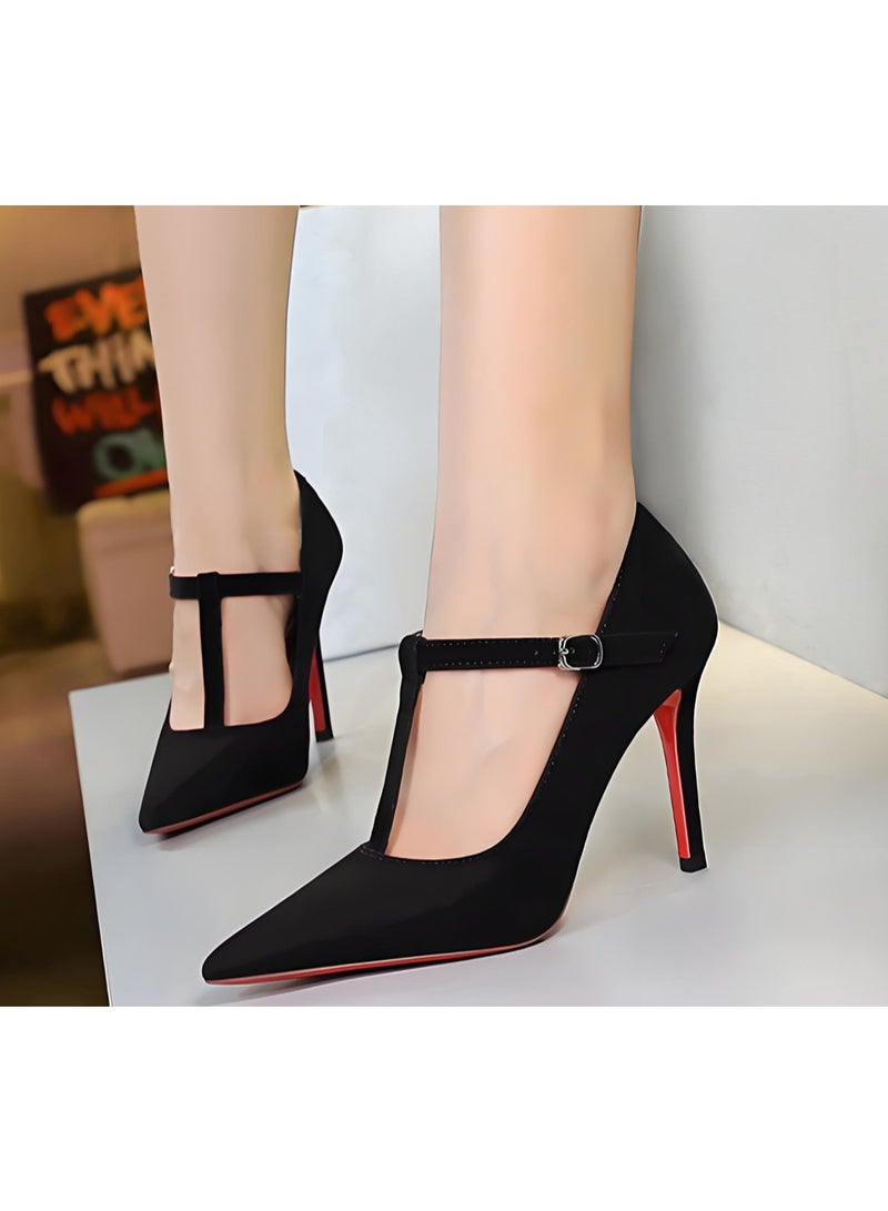 BIGTREE Women's Suede Stiletto Pumps Closed Pointed Toe T Strap High Heels Shoes Black 10CM - Image 4