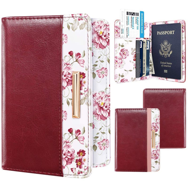 Coco Rossi Passport Holder Cover Travel Wallet RFID Blocking Cute Flowers Passport Wallet with Elastic Band for Women,Red - Image 2