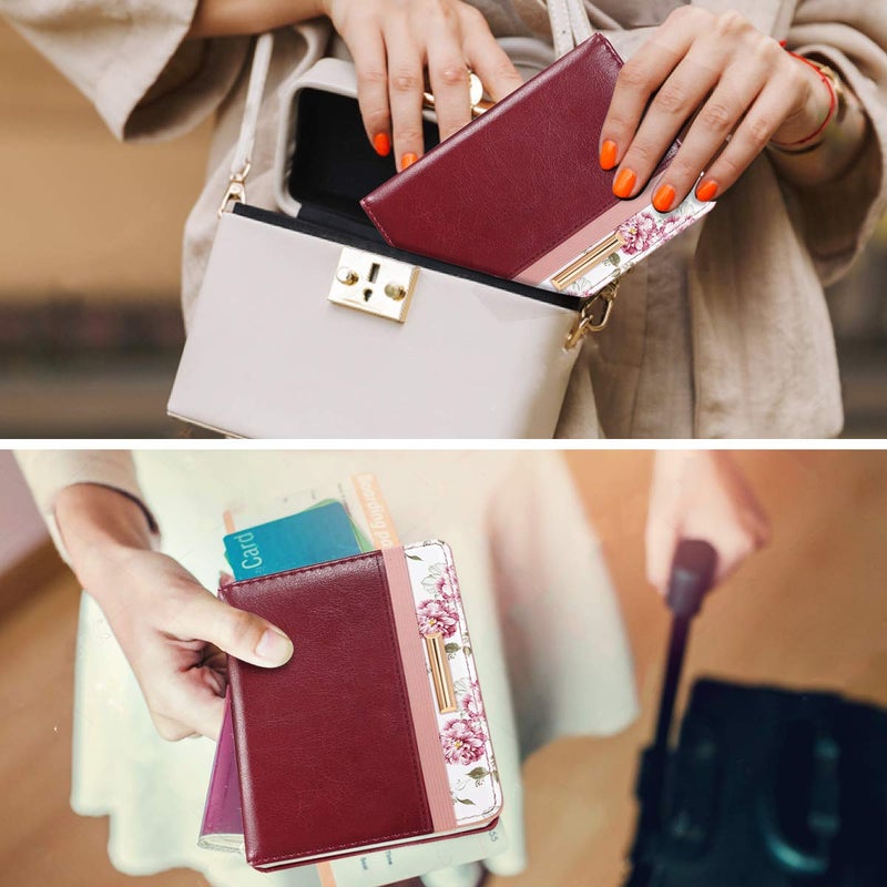 Coco Rossi Passport Holder Cover Travel Wallet RFID Blocking Cute Flowers Passport Wallet with Elastic Band for Women,Red - Image 5