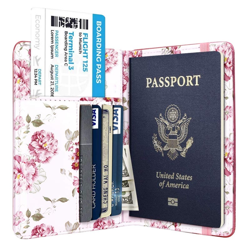 Coco Rossi Passport Holder Cover Travel Wallet RFID Blocking Cute Flowers Passport Wallet with Elastic Band for Women,Red - Image 3