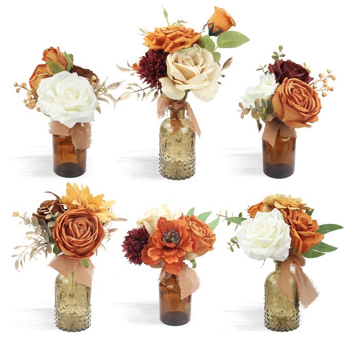 6PCS ASSORTED FLOWER CENTERPIECES FOR WEDDING FALL TABLES CENTERPIECE BURNT ORANGE BRIDESMAID BOUQUETS BABY NURSERY SHELF MANTEL DECOR