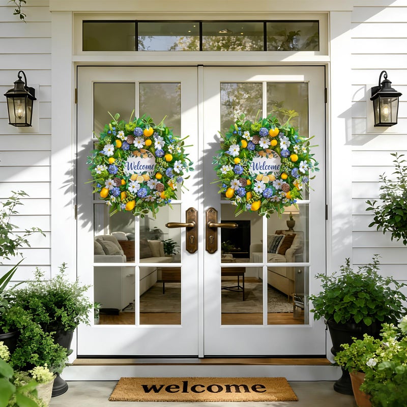 wreathqueen Spring Wreaths for Front Door 24 Inch,Artificial Lemon with Daisy,Hydrangea & Lotus Pods,Spring Summer Door Wreath for Indoor Outdoor Farmhouse Home Decor - Image 5