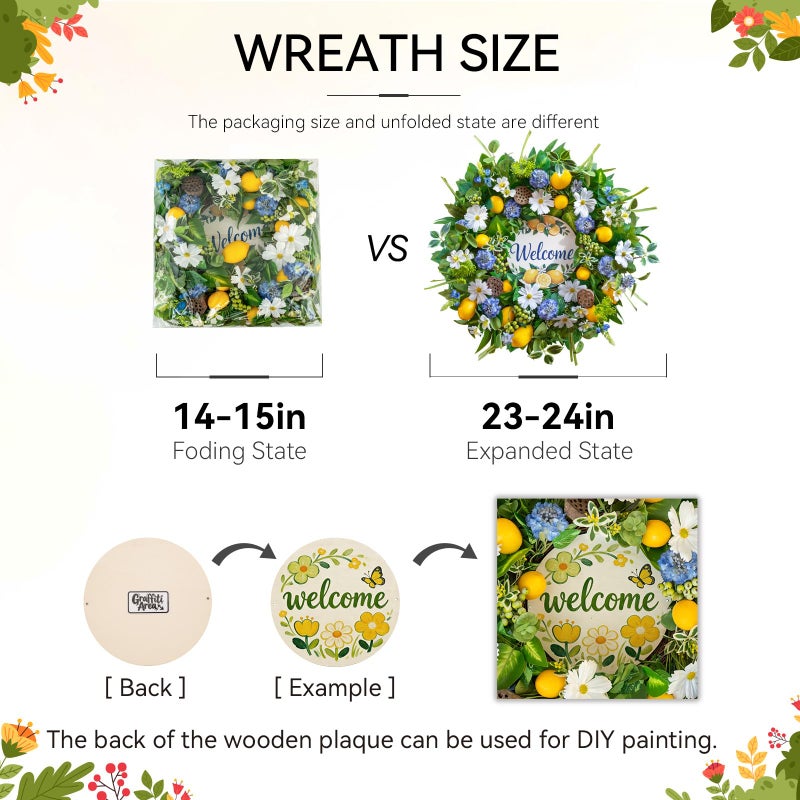wreathqueen Spring Wreaths for Front Door 24 Inch,Artificial Lemon with Daisy,Hydrangea & Lotus Pods,Spring Summer Door Wreath for Indoor Outdoor Farmhouse Home Decor - Image 2