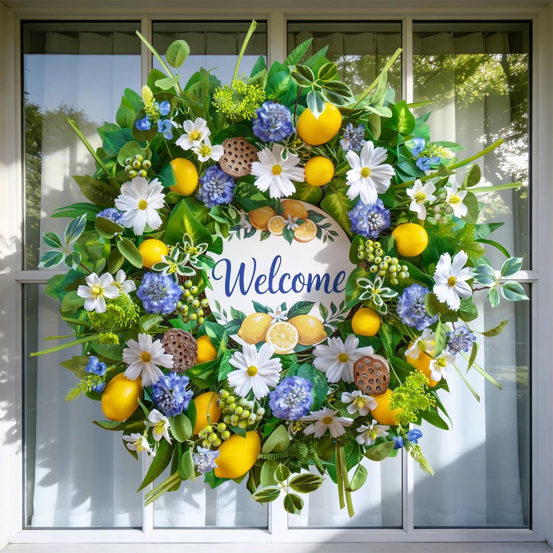 wreathqueen Spring Wreaths for Front Door 24 Inch,Artificial Lemon with Daisy,Hydrangea & Lotus Pods,Spring Summer Door Wreath for Indoor Outdoor Farmhouse Home Decor - Image 3