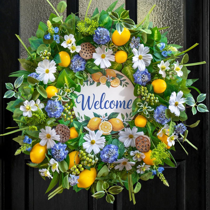 wreathqueen Spring Wreaths for Front Door 24 Inch,Artificial Lemon with Daisy,Hydrangea & Lotus Pods,Spring Summer Door Wreath for Indoor Outdoor Farmhouse Home Decor - Image 1