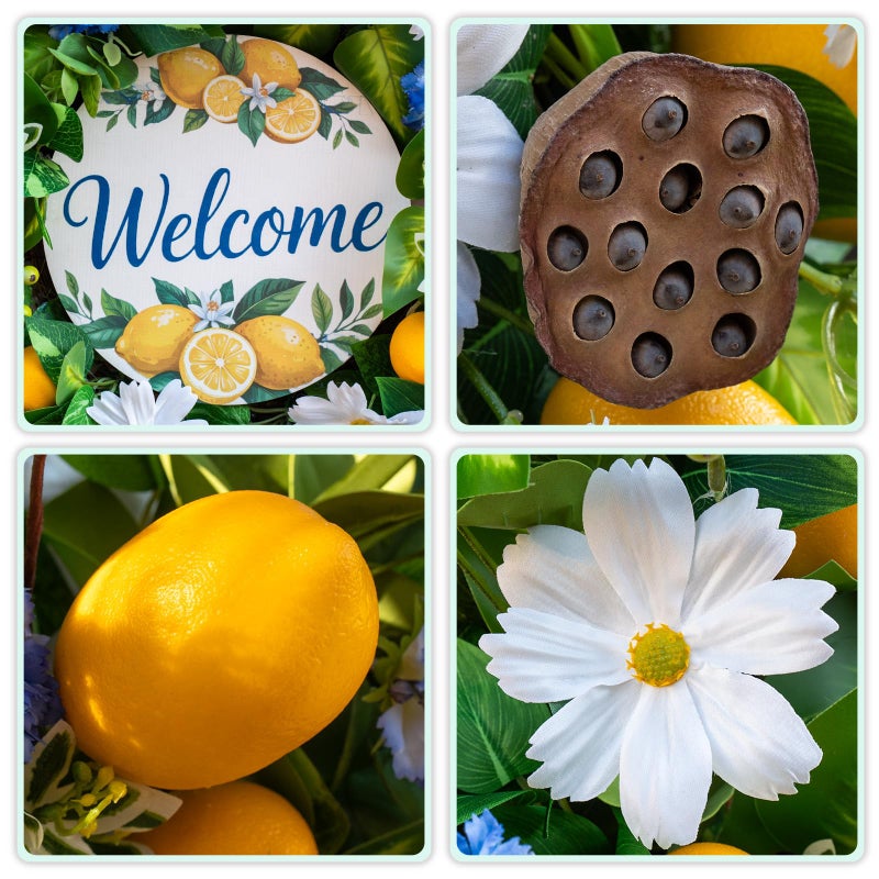 wreathqueen Spring Wreaths for Front Door 24 Inch,Artificial Lemon with Daisy,Hydrangea & Lotus Pods,Spring Summer Door Wreath for Indoor Outdoor Farmhouse Home Decor - Image 4