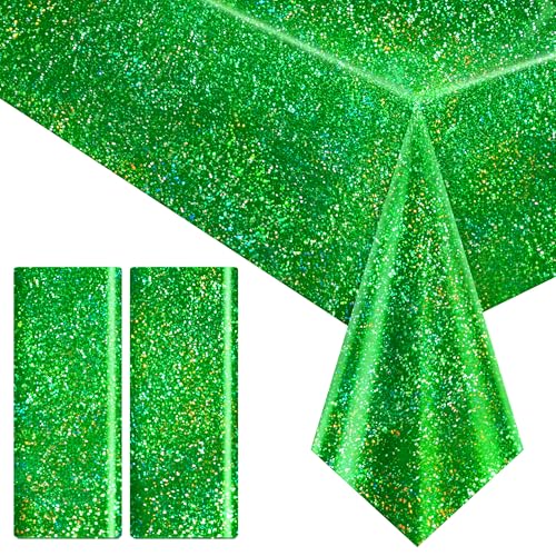 Just Shimmer 2 pcs Green Holographic Tablecloth 40" x 108" Christmas Table Cloth Shimmer Shining Plastic Metallic Table Cover for Jungle Safari St. Patrick's Day Baby Shower Birthday Party Decoration Supplies - Image 1