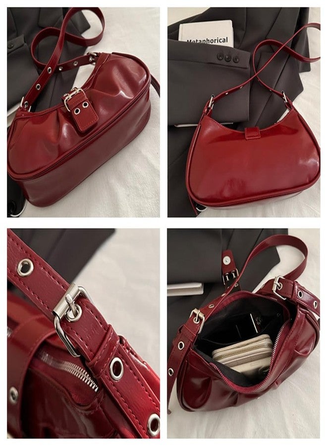 Geelyda Hobo Bag for Women PU Leather Top Handle Shoulder Bag Small Pleated Punk Underarm Purse - Red - Image 5
