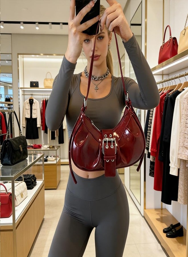 Geelyda Hobo Bag for Women PU Leather Top Handle Shoulder Bag Small Pleated Punk Underarm Purse - Red - Image 3