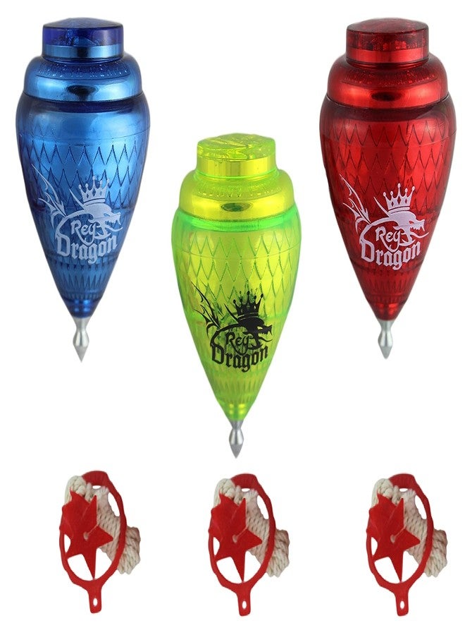 Cometa 3 Pack Rey Dragon Durable Plastic Spin Tops for Kids Metal Tip Made in Mexico - Trompo Mexicano Rey Dragon Plástico Durable & Punta de Metal (Pack of 3 Assorted Colors) - Image 1