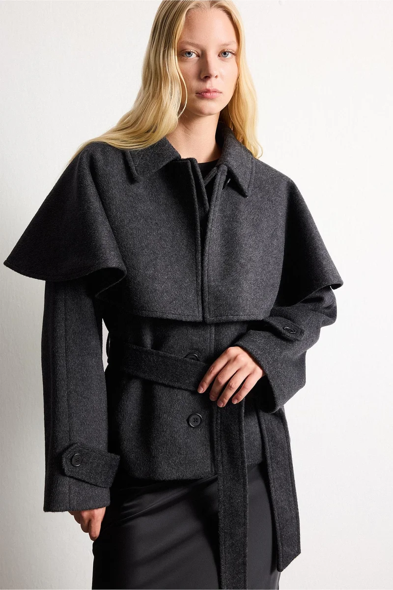 Defacto  Regular Fit Belted Wool-Blend Cape Detail Coat for Women | Best Price UAE