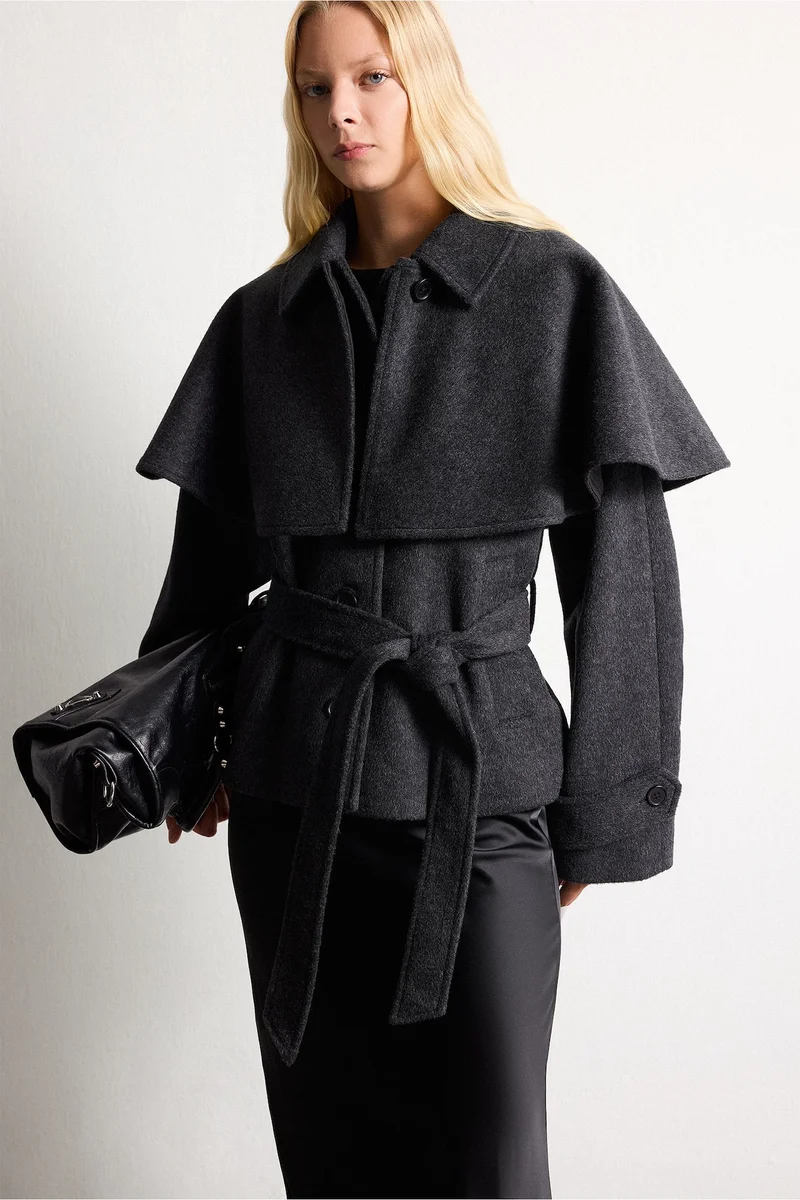 Regular Fit Belted Wool-Blend Cape Detail Coat