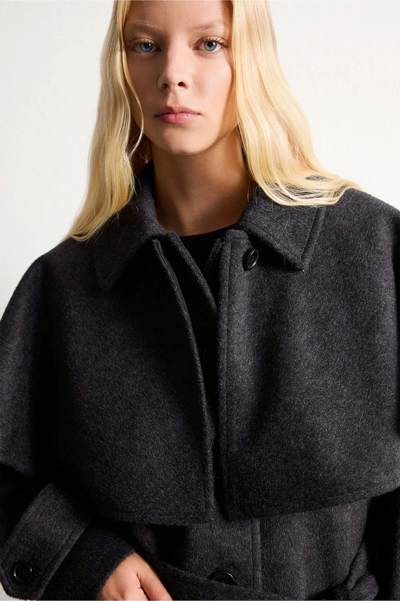 Defacto  Regular Fit Belted Wool-Blend Cape Detail Coat for Women | Best Price UAE