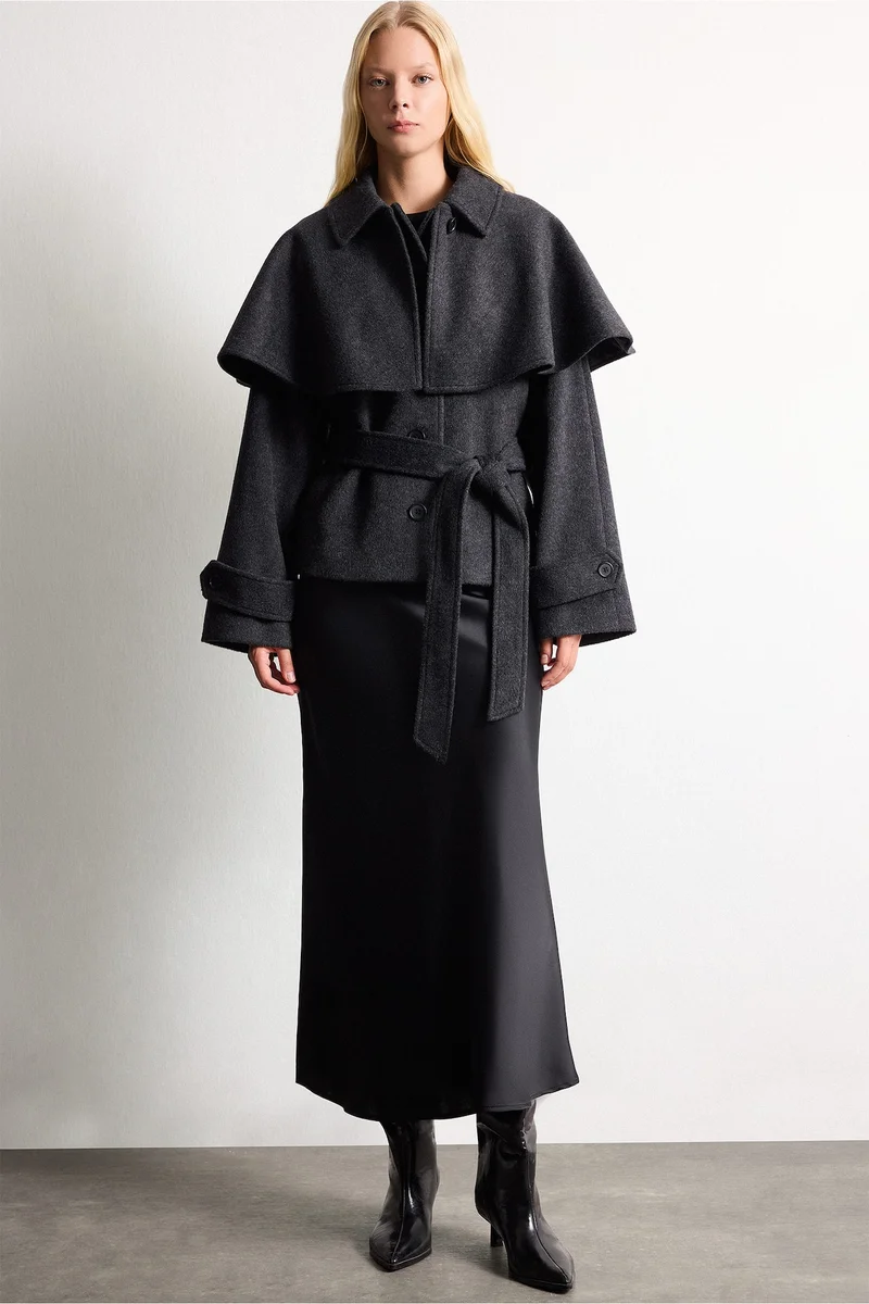 Defacto  Regular Fit Belted Wool-Blend Cape Detail Coat for Women | Best Price UAE
