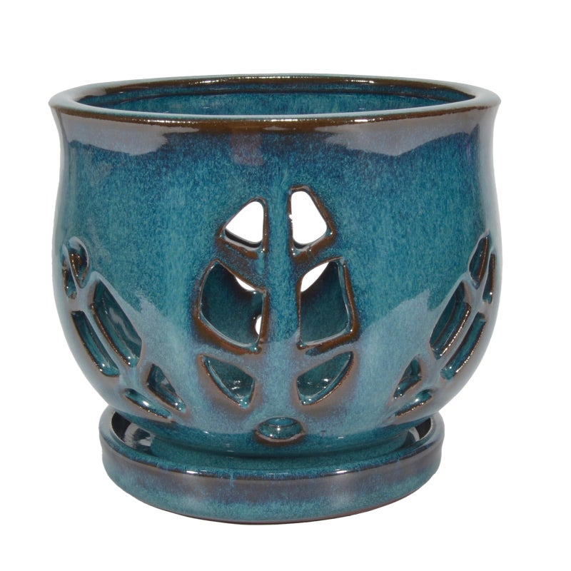 w w W&W Orchid Pot with Holes and Saucer for Repotting, Teal, 6.5" - Image 2