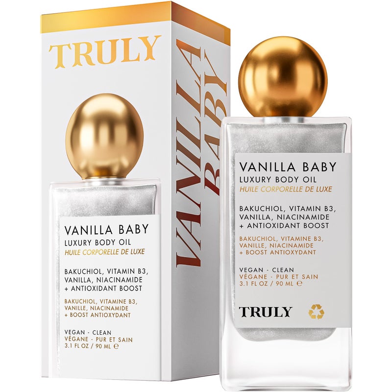 Truly Beauty Vanilla Baby Luxury Body Oil | Plumping Body Shimmer Oil for Hydration & Firmness | With Bakuchiol & Niacinamide for Collagen Boost | Vanilla, Pear & Caramel Scent | Radiant Glow - Image 1