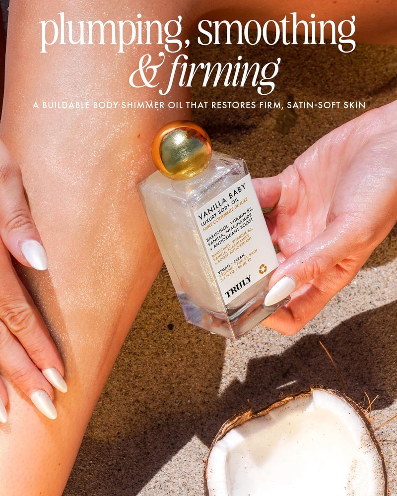 Truly Beauty Vanilla Baby Luxury Body Oil | Plumping Body Shimmer Oil for Hydration & Firmness | With Bakuchiol & Niacinamide for Collagen Boost | Vanilla, Pear & Caramel Scent | Radiant Glow - Image 2