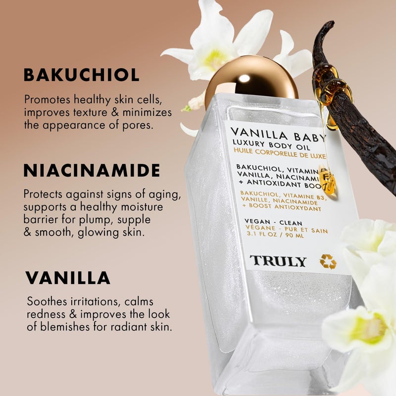 Truly Beauty Vanilla Baby Luxury Body Oil | Plumping Body Shimmer Oil for Hydration & Firmness | With Bakuchiol & Niacinamide for Collagen Boost | Vanilla, Pear & Caramel Scent | Radiant Glow - Image 4