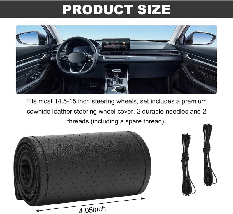 Wevdn Genuine Leather Steering Wheel Cover, Stitch on Wrap, DIY Sewing Steering Wheel Protector, 15 Inch Breathable Non-Slip Steering Wheel Protector, Car Accessories (Black, Full Hole) - Image 2