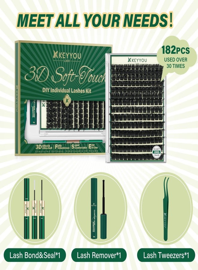 KEYYOU lash Clusters Kit 3D Effect Eyelash Clusters Kit 182pcs 200D 9-18MIX D Curl Individual Lashes Kit Wispy Lashes Volume Cluster Lashes Kit Soft DIY Lash Extension Kit (3D Kit-200D-D-9-18MIX) - Image 5