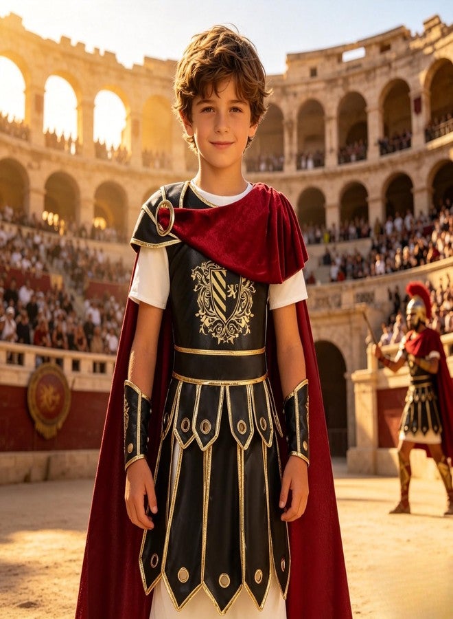 AGCOAH Kids Warrior Costume,Roman Armor Spartan Soldier Costume 3Pcs Halloween Cosplay (Black and White Print-XXL-10-11Y) - Image 5