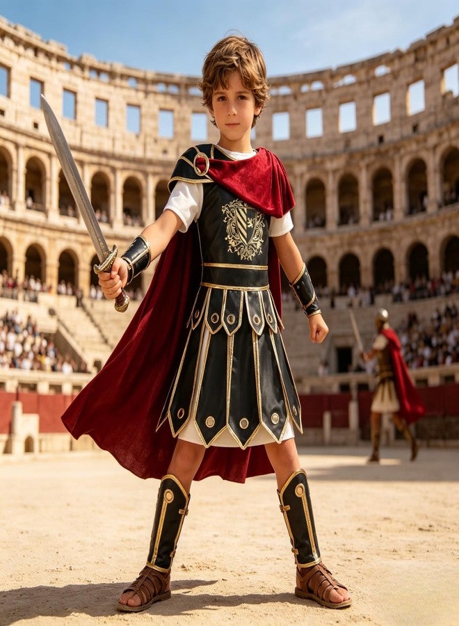 AGCOAH Kids Warrior Costume,Roman Armor Spartan Soldier Costume 3Pcs Halloween Cosplay (Black and White Print-XXL-10-11Y) - Image 4