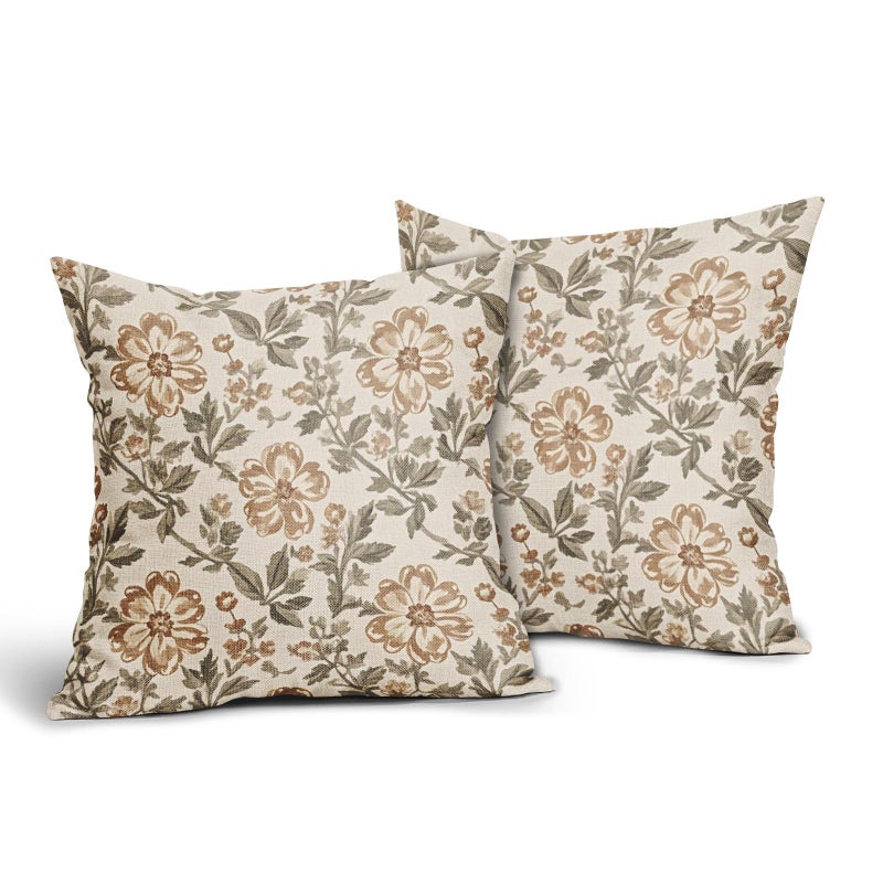 Sivirary Vintage Floral Block Print Pillow Covers 18x18 Inch Set of 2, Brown Olive Green Antique Flower Pattern Decorative Throw Pillowcases Outdoor Farmhouse Cushion Covers Art Decor for Sofa Couch Bed - Image 2