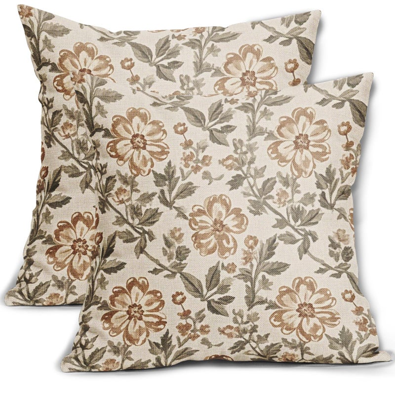 Sivirary Vintage Floral Block Print Pillow Covers 18x18 Inch Set of 2, Brown Olive Green Antique Flower Pattern Decorative Throw Pillowcases Outdoor Farmhouse Cushion Covers Art Decor for Sofa Couch Bed - Image 1
