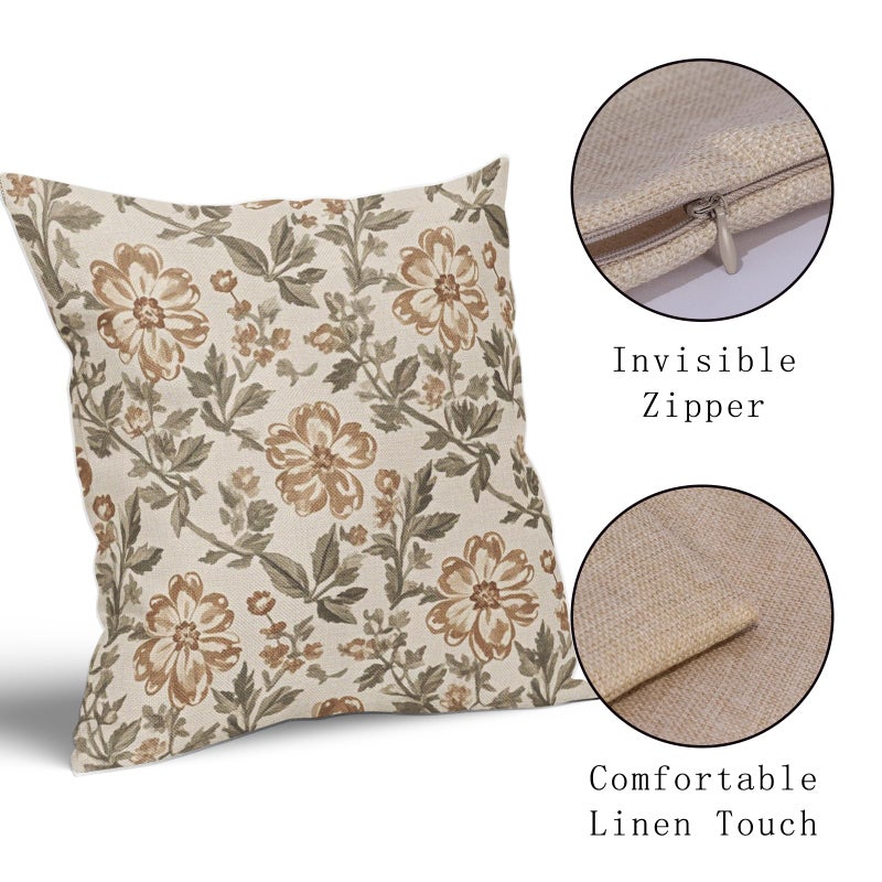 Sivirary Vintage Floral Block Print Pillow Covers 18x18 Inch Set of 2, Brown Olive Green Antique Flower Pattern Decorative Throw Pillowcases Outdoor Farmhouse Cushion Covers Art Decor for Sofa Couch Bed - Image 4