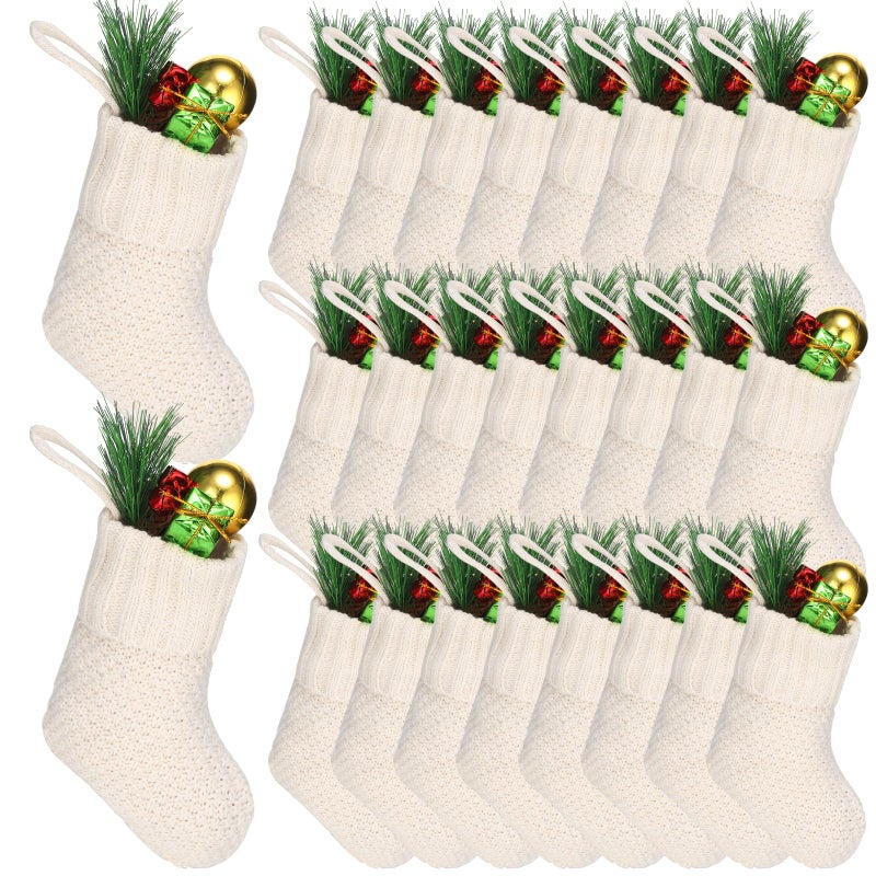 Zubebe 24 Pcs 7 Inch Christmas Mini Stockings Knit Christmas Rustic Cable Stocking Small Farmhouse Fireplace Hanging Ornament for Tree Xmas Holiday Family Party DecorIvory - Image 2