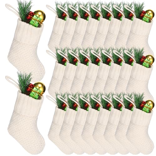 Zubebe 24 Pcs 7 Inch Christmas Mini Stockings Knit Christmas Rustic Cable Stocking Small Farmhouse Fireplace Hanging Ornament for Tree Xmas Holiday Family Party DecorIvory - Image 1