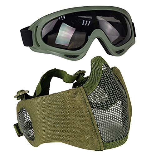 AOUTACC Airsoft Protective Gear Set, Half Face Mesh Mask with Ear Protection and Tactical Goggles for Adult Men Women BBS Paintball Shooting CS Survival Games Cosplay (Green) - Image 1