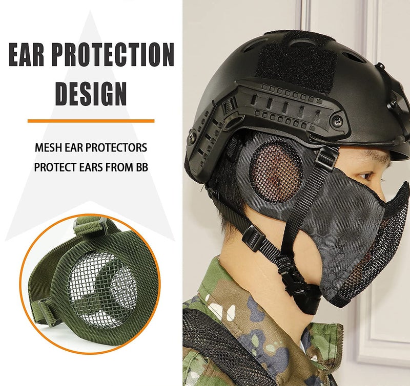 AOUTACC Airsoft Protective Gear Set, Half Face Mesh Mask with Ear Protection and Tactical Goggles for Adult Men Women BBS Paintball Shooting CS Survival Games Cosplay (Green) - Image 4