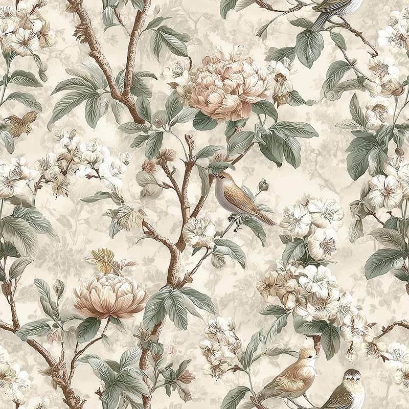 Nukofal Vintage Floral Peel and Stick Wallpaper Floral Bird Contact Paper 16.9inchx118.1inch Boho Bird Wallpaper Peel and Stick Self Adhesive Removable Wall Paper Waterproof for Bedroom Cabinet Decor - Image 1