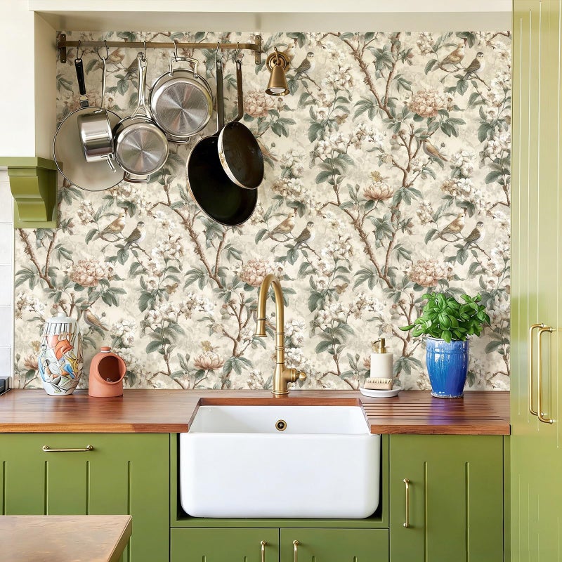 Nukofal Vintage Floral Peel and Stick Wallpaper Floral Bird Contact Paper 16.9inchx118.1inch Boho Bird Wallpaper Peel and Stick Self Adhesive Removable Wall Paper Waterproof for Bedroom Cabinet Decor - Image 3