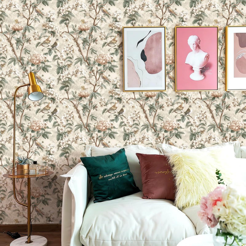 Nukofal Vintage Floral Peel and Stick Wallpaper Floral Bird Contact Paper 16.9inchx118.1inch Boho Bird Wallpaper Peel and Stick Self Adhesive Removable Wall Paper Waterproof for Bedroom Cabinet Decor - Image 2