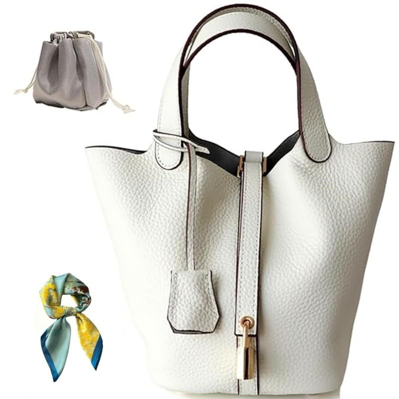 Pmuul Genuine Cow Hide Leather Bucket Bag for Women with Functional Lock, Classic Designer Inspired Top-Handle Handbag, Small Hand-Carry Tote Purse (White) - Image 1