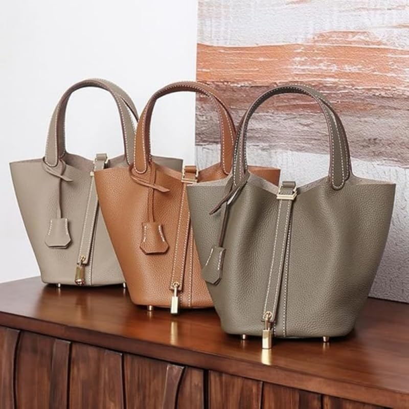 Pmuul Genuine Cow Hide Leather Bucket Bag for Women with Functional Lock, Classic Designer Inspired Top-Handle Handbag, Small Hand-Carry Tote Purse (White) - Image 3