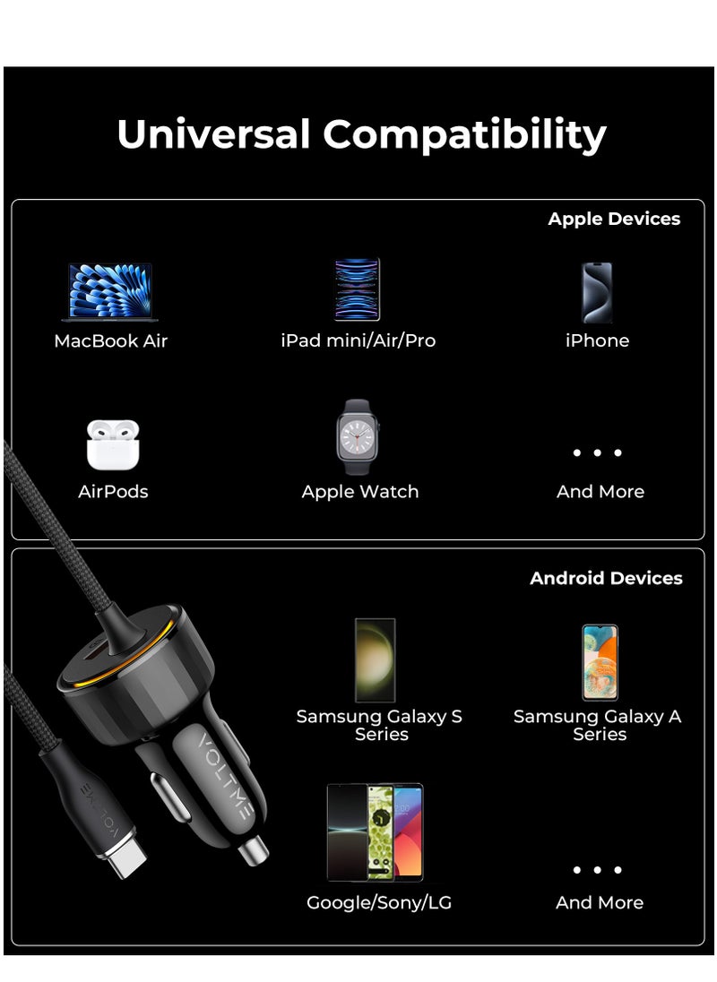 Dual USB-C and USB-A Port Car Charger PD 52.5W Fast Charging with Built-in Magnetic Self-Organizing Cable (1.2m/4ft), Durable Nylon Braided Thick Copper Core Type-C Cable, Reversible Connectors, V-Dynamic Tech 3.0, USB PD for MacBook Pro/Air, iPhone 16/15, Galaxy S25/S24/S23/S22, iPad Pro/Air & More