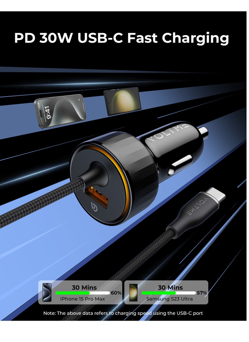 Dual USB-C and USB-A Port Car Charger PD 52.5W Fast Charging with Built-in Magnetic Self-Organizing Cable (1.2m/4ft), Durable Nylon Braided Thick Copper Core Type-C Cable, Reversible Connectors, V-Dynamic Tech 3.0, USB PD for MacBook Pro/Air, iPhone 16/15, Galaxy S25/S24/S23/S22, iPad Pro/Air & More