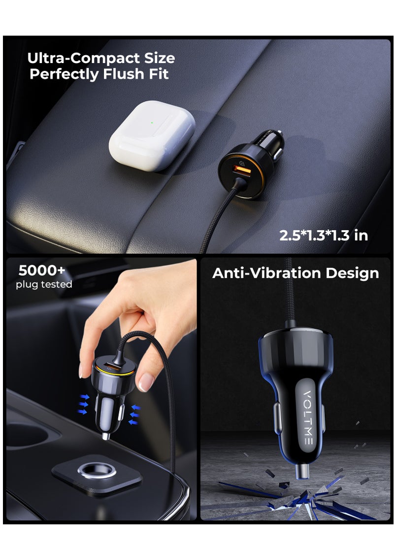 Dual USB-C and USB-A Port Car Charger PD 52.5W Fast Charging with Built-in Magnetic Self-Organizing Cable (1.2m/4ft), Durable Nylon Braided Thick Copper Core Type-C Cable, Reversible Connectors, V-Dynamic Tech 3.0, USB PD for MacBook Pro/Air, iPhone 16/15, Galaxy S25/S24/S23/S22, iPad Pro/Air & More