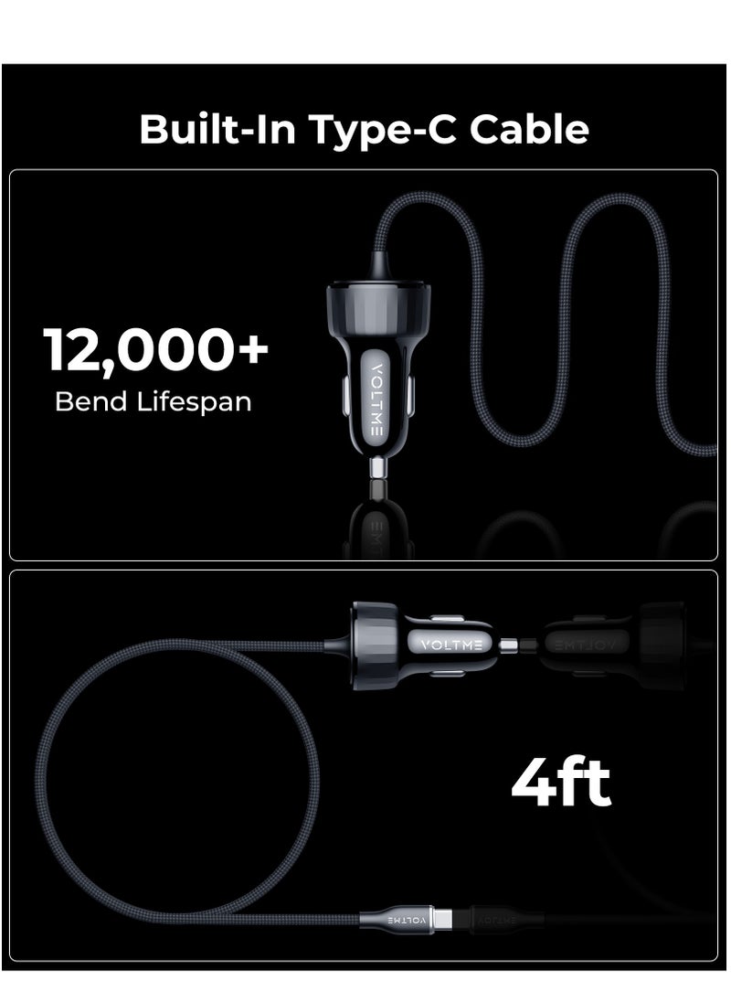 Dual USB-C and USB-A Port Car Charger PD 52.5W Fast Charging with Built-in Magnetic Self-Organizing Cable (1.2m/4ft), Durable Nylon Braided Thick Copper Core Type-C Cable, Reversible Connectors, V-Dynamic Tech 3.0, USB PD for MacBook Pro/Air, iPhone 16/15, Galaxy S25/S24/S23/S22, iPad Pro/Air & More