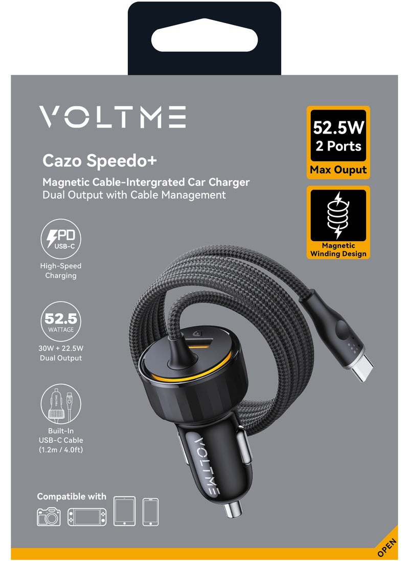 Dual USB-C and USB-A Port Car Charger PD 52.5W Fast Charging with Built-in Magnetic Self-Organizing Cable (1.2m/4ft), Durable Nylon Braided Thick Copper Core Type-C Cable, Reversible Connectors, V-Dynamic Tech 3.0, USB PD for MacBook Pro/Air, iPhone 16/15, Galaxy S25/S24/S23/S22, iPad Pro/Air & More