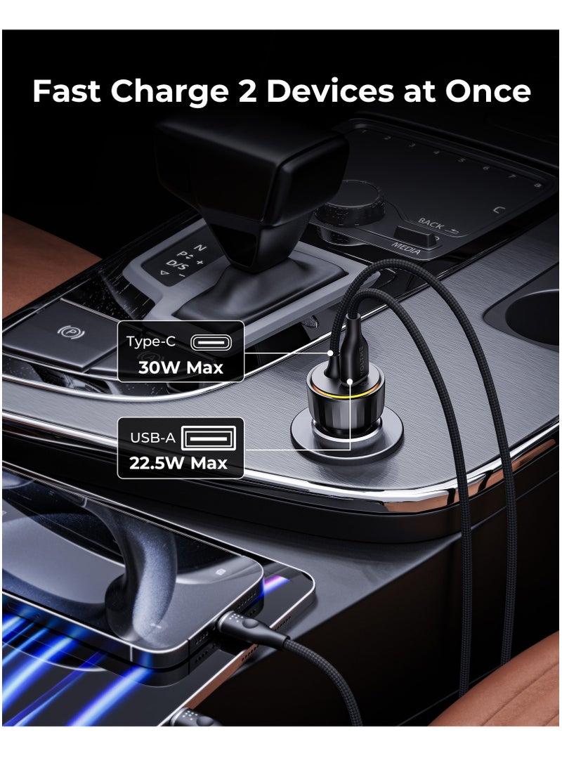Dual USB-C and USB-A Port Car Charger PD 52.5W Fast Charging with Built-in Magnetic Self-Organizing Cable (1.2m/4ft), Durable Nylon Braided Thick Copper Core Type-C Cable, Reversible Connectors, V-Dynamic Tech 3.0, USB PD for MacBook Pro/Air, iPhone 16/15, Galaxy S25/S24/S23/S22, iPad Pro/Air & More