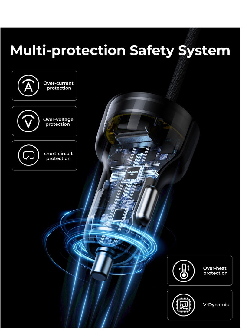 Dual USB-C and USB-A Port Car Charger PD 52.5W Fast Charging with Built-in Magnetic Self-Organizing Cable (1.2m/4ft), Durable Nylon Braided Thick Copper Core Type-C Cable, Reversible Connectors, V-Dynamic Tech 3.0, USB PD for MacBook Pro/Air, iPhone 16/15, Galaxy S25/S24/S23/S22, iPad Pro/Air & More