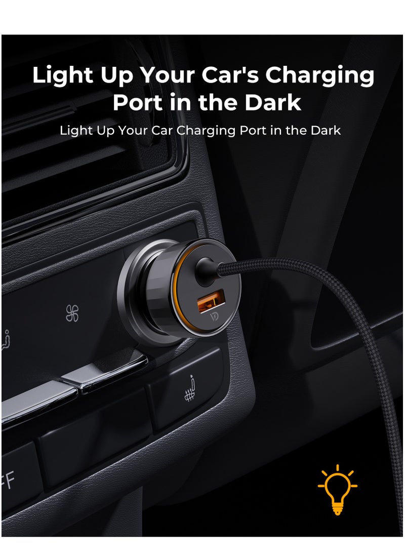 Dual USB-C and USB-A Port Car Charger PD 52.5W Fast Charging with Built-in Magnetic Self-Organizing Cable (1.2m/4ft), Durable Nylon Braided Thick Copper Core Type-C Cable, Reversible Connectors, V-Dynamic Tech 3.0, USB PD for MacBook Pro/Air, iPhone 16/15, Galaxy S25/S24/S23/S22, iPad Pro/Air & More